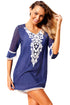 Sexy Blue Crochet Pom Pom Trim Beach Tunic Cover up